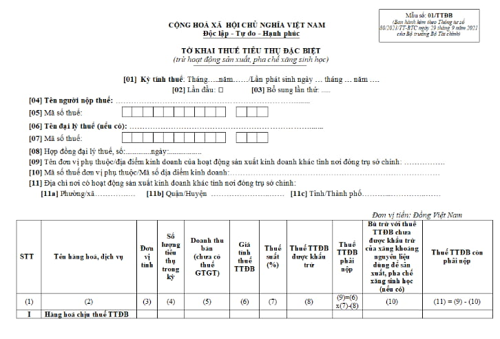 Mẫu tờ khai thuế tiêu thụ đặc biệt số 01/TTĐB